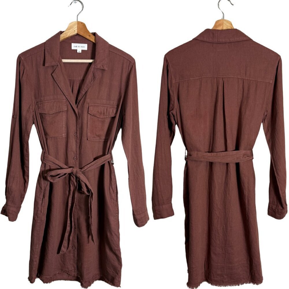 Cloth & Stone Anthropologie Linen Button Up Shirt Dress Women XS Brown Tie Waist